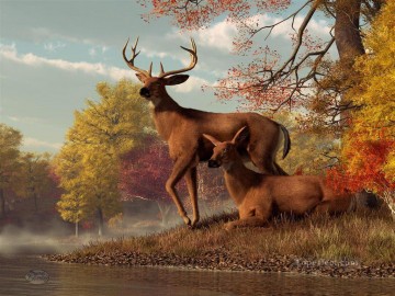 deer on an autumn lakeshore Oil Paintings